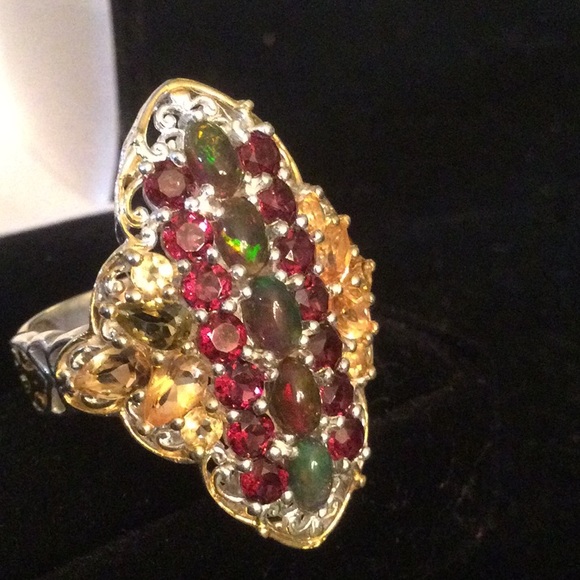 Breathtaking Genuine Fiery Opals, Citrine & Garnet Ring - Picture 7 of 16